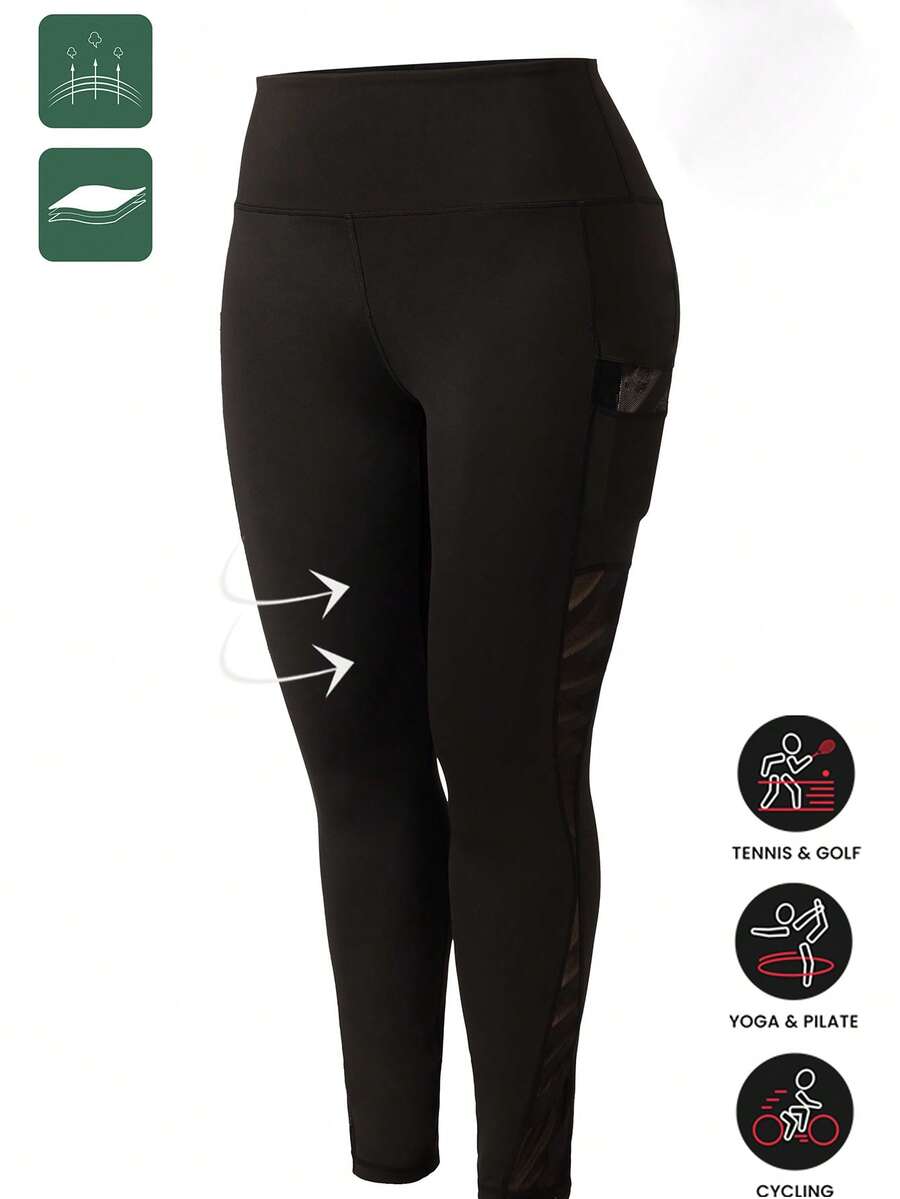 Plus Size Women Mesh Patchwork Yoga Fitness Pants, Mesh Patchwork Pocket Design, Suitable For Yoga, Fitness, Jogging - Black - View 1
