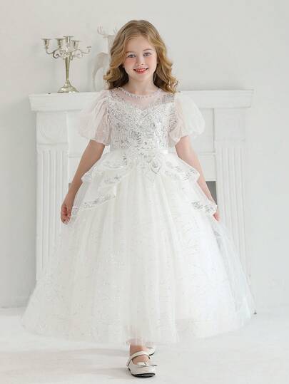 女童白色刺绣婚礼花童礼服，高端伴娘迷你礼服