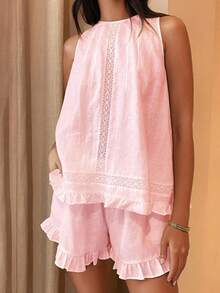 Women's Summer Shorts Outfit Loose Fit Stylish Solid Ruffled Trim Sleeveless Tops And Shorts 2 Pcs Set - 粉色 - 查看 1