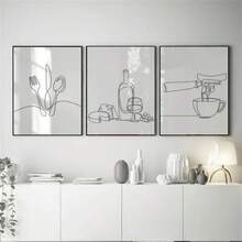 1Pc/3Pcs Modern Minimalist Line Art Canvas Prints Set - Black And White Aesthetic Decor For Dining Room, Kitchen, Living Room - Art Posters Featuring Cutlery, Wine, Cheese, Coffee - Wall Hanging Decor For Restaurants And Home Spaces Optional Frame - Multicolor - View 5