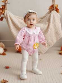 Baby Girls Romper, Long Sleeve Doll Collar Plaid Embroidery Pumpkin Bodysuit Newborn Halloween Costume