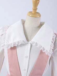 Girls' Lace Patchwork Turndown Collar Shirt With Suspender Skirt, Suitable For Spring And Autumn
