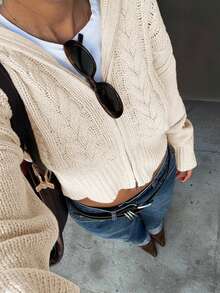 Senya Nuevo Cárdigan de Punto Trenzado con Cuello Oversize y Doble Cremallera para Otoño/Invierno, Cárdigan Casual Holgado de Hombros Caídos, para Uso Diario, Maestros, Aeropuerto, Día de San Valentín de Invierno, Año Nuevo - Albaricoque - Ver 4