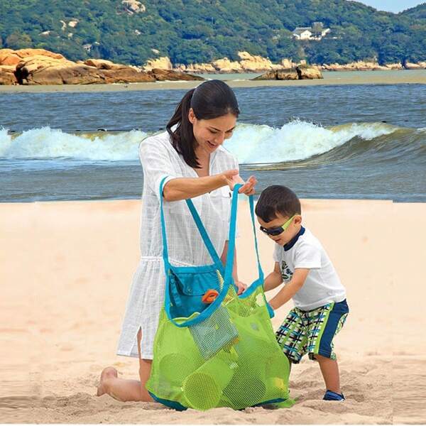 1 pieza Bolsa de almacenamiento de playa plegable de gran capacidad, bolsa de malla, bolsa de almacenamiento de juguetes para niños, bolsa de almacenamiento para actividades de viaje y vacaciones al aire libre, accesorios de viaje, accesorios esenciales de vacaciones, cubos de embalaje, bolsas de playa para mujer, bolsos de transporte de viaje