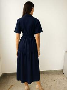 Linen Midi Dress With Lining, Buttons And Structured Collar - Navy Blue - View 2