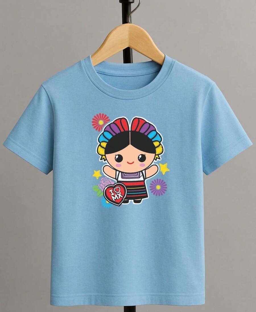 Camiseta para niño de 4 a 15 años de cuello redondo y manga corta con diseño de MEXILINDA casual y creativa para niño - Azul - Ver 1