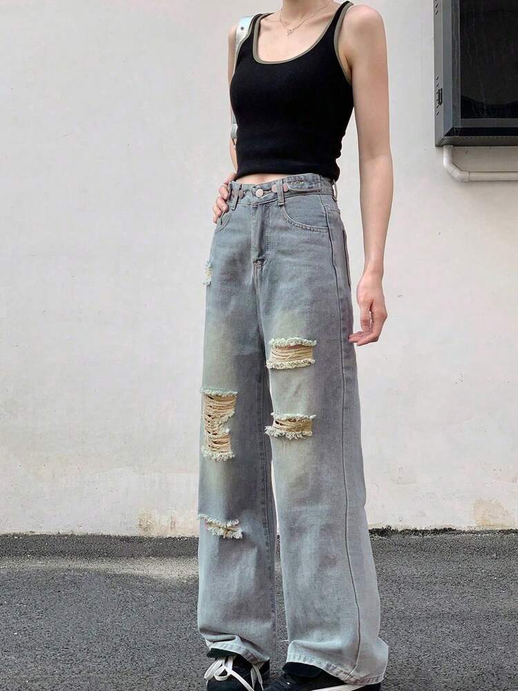 纯色口袋破洞高腰宽松阔腿牛仔裤，女式春季直筒可调节腰围长裤 - 淺色水洗藍 - 查看 2