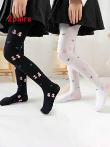 2 Pairs Girls' Bowknot Printed Stirrup Tights, Thin Leggings For Spring/Summer, Baby Toddler Outer Wear, Star & Heart Design