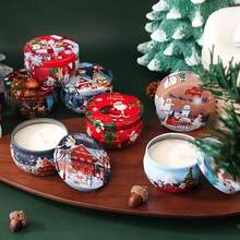 44件套圣诞图案蜡烛罐，圆形带盖蜡烛罐，适用于制作圣诞礼物、工艺品、收纳和蜡烛用品 - 包括6个空蜡烛罐、6个烛台、12根蜡烛芯和20张贴纸，圣诞装饰品 - 彩色 - 查看 5