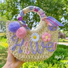 1pc Personalized Straw Woven Bag, Ribbon/Pom Pom/Crochet Flower, Fashion Letter Woven Tote Bag, Straw Handbag, Party Gift Bag, Bridesmaid Gift Basket - Multicolor - View 21