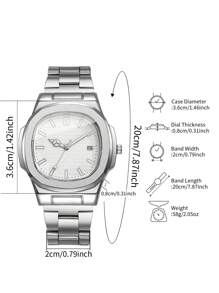 1 件男士时尚简约方形表盘日历不锈钢石英商务腕表，不含表盒