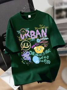 少女涂鸦都市印花短袖柔软T恤，街头休闲夏季服饰，女童上衣 - 墨綠色 - 查看 2