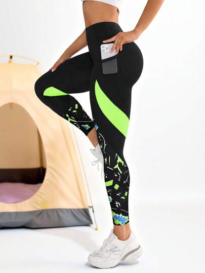 Kvinnors kontrastfärgade fickdesignade casual fitnessleggings