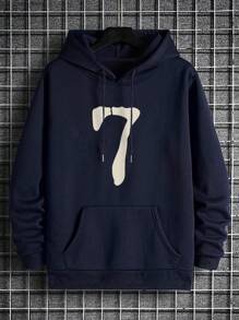 Men's Casual Number "7" Print Pocket Drawstring Hoodie, Autumn/Winter