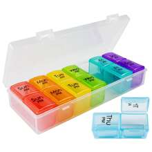 每周药盒收纳盒 | 易于打开的 7 天每日 2 次药片盒 | 旅行药盒，带按扣盖设计 | 适用于维生素、补充剂和药物的药片收纳盒（曲线标记） - 彩色 - 查看 7