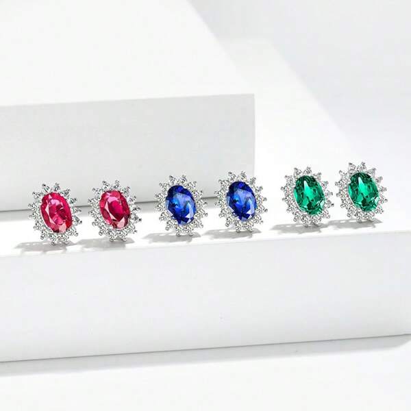 Zodiac Colored Stone Stud Earrings, Minimalist European & American Style, Princess Cut Blue Sapphire Sunflower Earrings