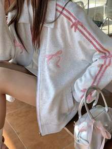 SAOYANGYU 女式蝴蝶结装饰插肩袖拉链前开襟夹克和迷你裙休闲两件套 - 彩色 - 查看 3