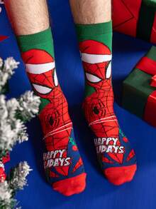 Marvel 1 双漫威圣诞蜘蛛侠超级英雄新年礼物袜子，卡通圣诞老人帽子新年动画袜子男女款，新奇趣味袜子，袜子 - 彩色 - 查看 1