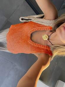 女士法式时尚休闲可爱闪亮纹理不对称下摆圆领无袖针织吊带背心，适合度假穿着，夏季必备