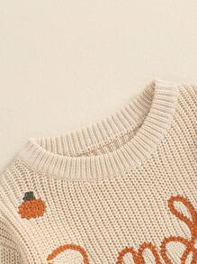 Toddler Boys Girls Halloween Sweater Pumpkin Knit Pullover Long Sleeve Crew Neck Pumpkin Ghost Letter Embroidery Ribbed Knitted Jumper For Baby Boys Girls Casual Halloween Ribbed Knitwear