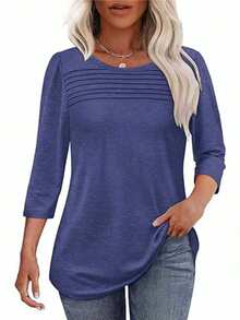 3 件纯色圆领 3/4 袖圆领休闲宽松上衣，女款，春秋季 - 深粉紅+海藍+黑色 - 查看 6