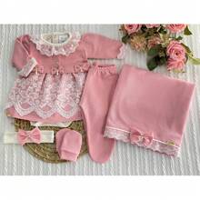 Conjunto Bebê Recém-Nascido 6 Peças Tricot com Vestido e Luvas