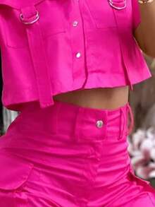 Polyester Casual Solid Color Shorts Set, Outdoor Women Woven Fabric 120g