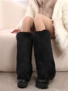 靴套和毛绒短腿套套装，女士冬季保暖腿套，饰有可爱狐狸毛边，用途广泛，适合Y2K舞会、日系JK风格等场合，舒适保暖。