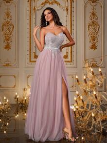 VIPGIRL 薰衣草色吊带高开衩亮片薄纱礼服，串珠晚礼服，多层公主风舞会礼服，优雅紫色舞会礼服