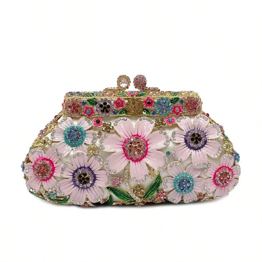 Women Sparkly Crystal Clutch Purse Diamond Round Rose Flower Evening Bag Formal Rhinestone Handbags Wedding Purse - 粉色 - 查看 1