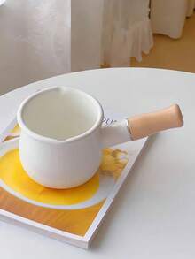 1pc 4-Inch Mini Enamel Milk Pot And Butter Warmer - Wooden Handle Small Skillet, Perfect For Heating Small Liquid Portions, White, Kitchen Essential | Stylish Kitchenware | Durable Enamel With Insulated Wooden Handle, Dual Spouts, Adorable Food Warmer, Mini Butter Pot Baby Food Pot Can Be Used For Frying And Cooking, Dual Spout, Mini Insulated Cute Stew Pot, Ideal For Heating Small Liquid Portions