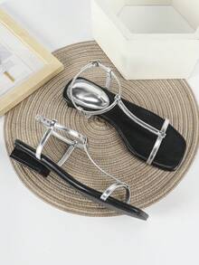 女士银色高跟凉鞋，2厘米低跟粗跟凉鞋，简约套脚凉鞋，舒适时尚 - 銀色 - 查看 1