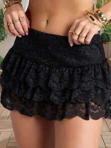 Women Summer Mini Skirts Casual Elegant  Low Rise Layered Ruffle Lace Skirt For Beach Vacation Club - 黑色 - 查看 2