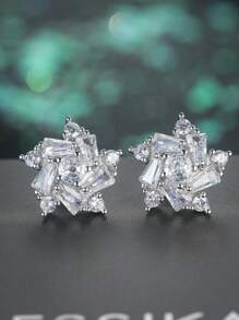 1pair Luxury Crystal Flower Stud Earrings Brilliant Cubic Zirconia Romantic Women Accessories Party Daily Wear Fashion Versatile For Teens Girls Earrings - Silver - View 2