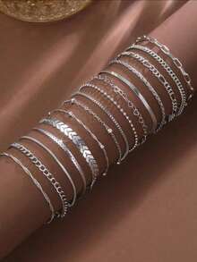 15pcs Minimalist Elegant Heart, Bead, Plane, Snake Bone, Chain Bracelet Set, Versatile Daily Wear - Silver - View 2