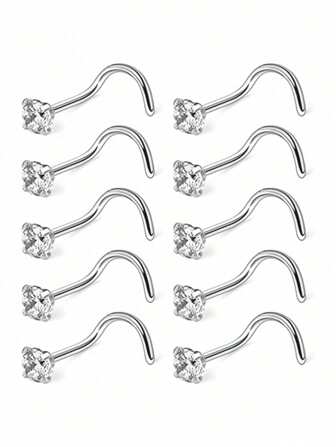 10pcs/Set Fashionable Stainless Steel Nose Rings, Rhinestone Nose Studs & Earrings, Suitable For Daily Wear By Both Men And Women