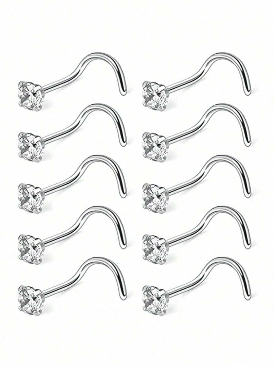 10pcs/Set Fashionable Stainless Steel Nose Rings, Rhinestone Nose Studs & Earrings, Suitable For Daily Wear By Both Men And Women