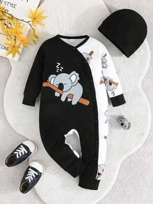Mono de manga larga para bebé con diseño de parche con lindo estampado de koala, mono para bebé fácil de usar con gorro - Negro - Ver 2