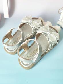 1 par de sandalias de niñas con punta descubierta para verano, con lazo, cierre de gancho y bucle, zapatos de moda - Plateado - Ver 6