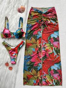 Women's Christmas Floral Print Drawstring Ruched Cover-Up & Skirt Bikini Set - Multicolor - View 2