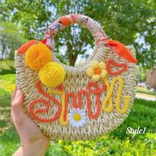 1pc Personalized Straw Woven Bag, Ribbon/Pom Pom/Crochet Flower, Fashion Letter Woven Tote Bag, Straw Handbag, Party Gift Bag, Bridesmaid Gift Basket - Multicolor - View 44