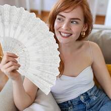 1pc Women White Folding Fan With Silver Flower Pattern, Fashion Dance Fan