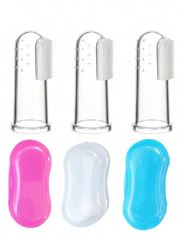 Juego de 3 cepillos de dedo para bebés para entrenamiento de dentición - Cepillo de dientes suave para bebés e infantes y tapa protectora - Masajeador oral para entrenar buenos hábitos bucales saludables en su hijo - Portátil Blanco/Rosa/Azul
