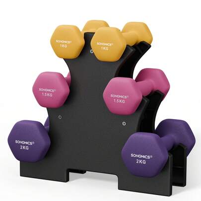 Hex Dumbbells Set With Stand - 2 X 1 Kg, 2 X 1.5 Kg, 2 X 2 Kg, Neoprene Matte Finish, Women Fitness Weight Exercise For Home Gym, Yellow, Pink And Pur