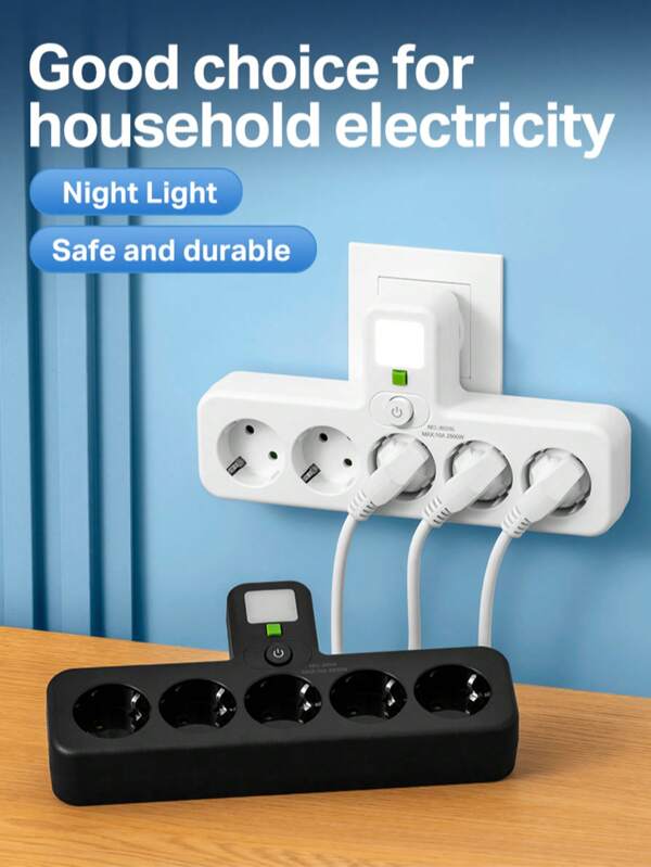 EU Plug Converter Socket With 5 Outlets, Multi-Port Wall Socket With Independent Switch And Small Night Light Adapter Suitable For Home, Office, Travel, Computer, White