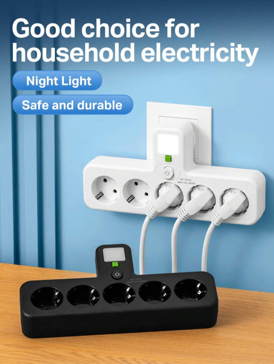 Adaptador de enchufe con 5 tomas, toma de pared multipuerto con interruptor independiente y luz nocturna pequeña, adecuado para el hogar, la oficina, los viajes y la computadora, color blanco
