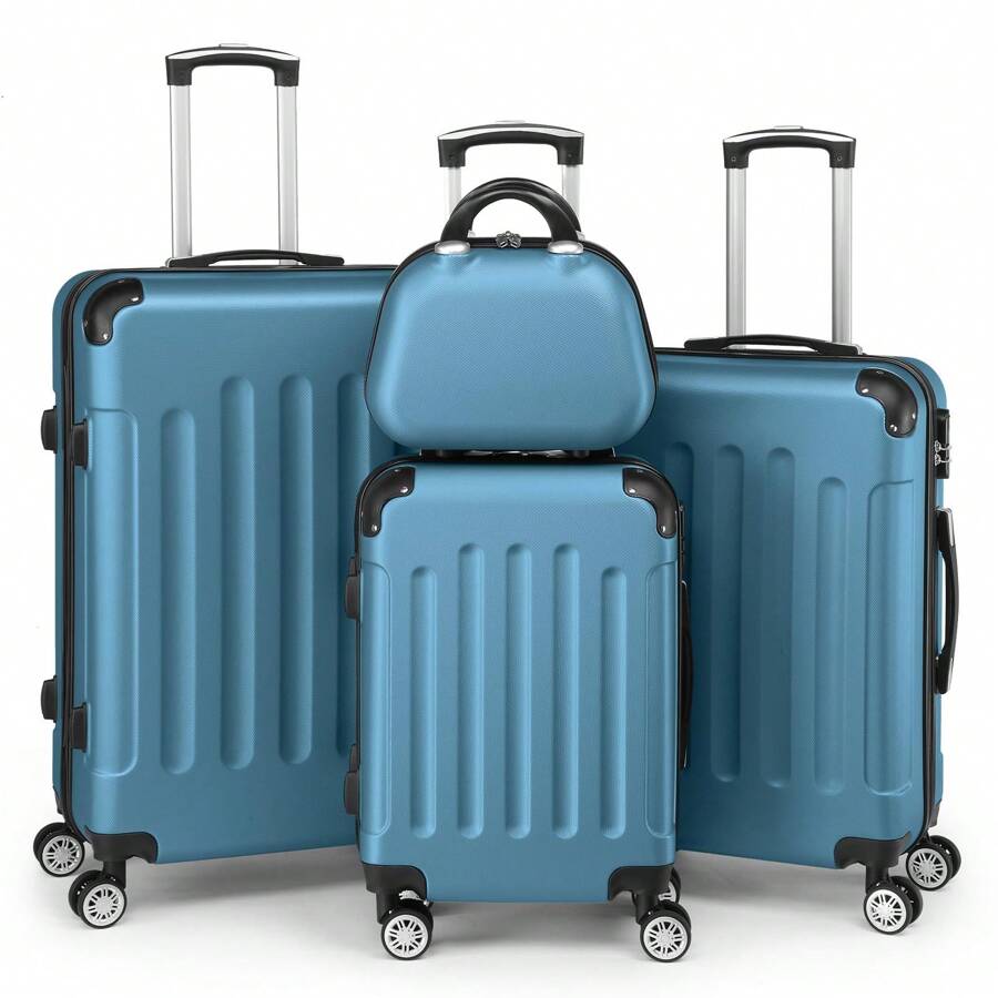 SUNROAD A Stylish Set Of ABS Suitcases With Vertical Stripes, Four-In-One Design With Handles And Universal Wheels. Available In 20in, 24in, 28in Sizes And 12in Carrying Case, Featuring ABS Aluminum Golden Pull Rods In A Fashionable Rose Gold Color Scheme