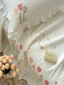 3pcs Floral Embroidery Bedding Set, Quilted Blanket And Pillowcase, Air Conditioning Quilt Blanket