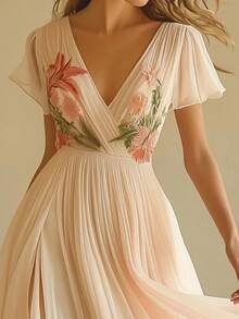 Women's Temperament Long Skirt Printed V-Neck Short Sleeved Dress - Hồng - Xem 2