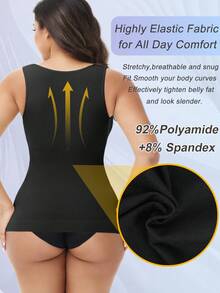 Slimming Women Tummy Control Shapewear Abdomen Compression Camisole Cami Vest Scoop Neck Tank Top Body Shaper Ladies Underwear Undershirts Shaping Tops Shirts Wide Shoulder Strap No Pad - Black - View 4